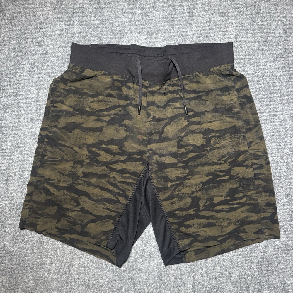 Lululemon Lined Shorts Men Large Green Black Camo Running Training Gym LM7Y24S